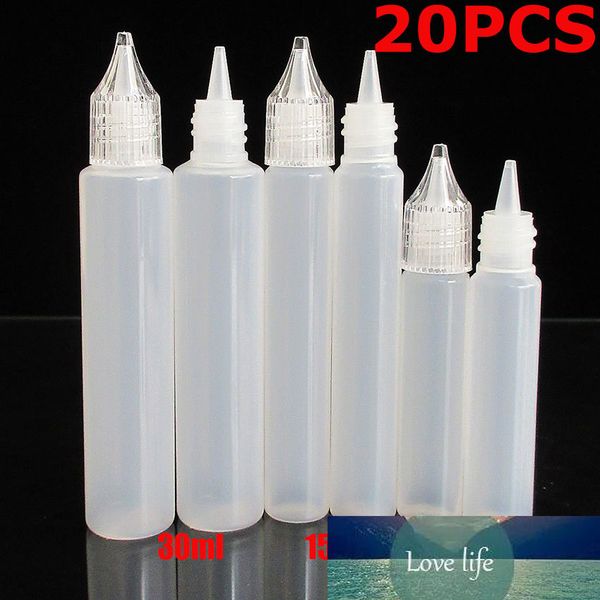 20PCS X 10ml 15ml 30ml Bottles Pen Dropper Esvaziar plástico Olho Liquid E Juice Squeezable recipientes com tampa de cristal + Mini Funnel