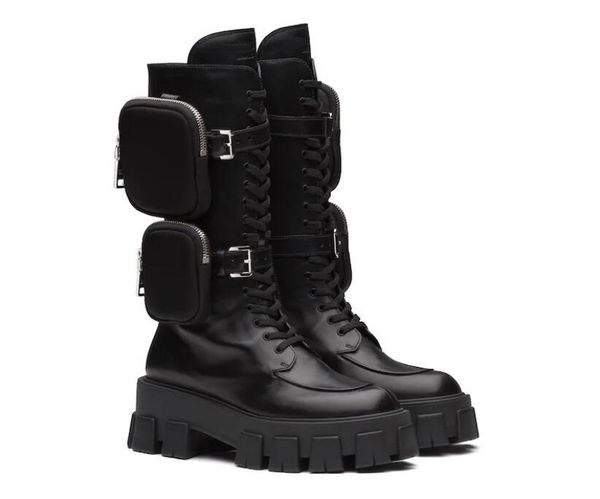 

новый сезон италия женщины boots париж catwalk монолит кожаные сапоги rare телячьей кожи ремни съемные нейлон сумки толстая подошва обувь, Black