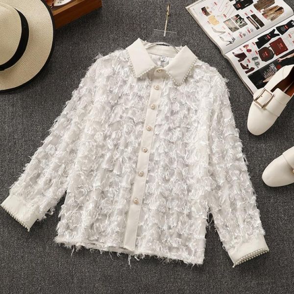 

jsxdhk 2020 spring loose blouse fashion women white feather beading pearl long shirt blusas runway tassel long sleeve feminina1