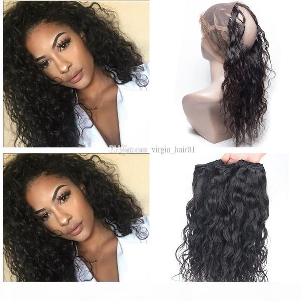 

9a malasyian hair wet and wavy with 360 full lace frontals water wave human hair bundles with lace band frontal closure 4pcs lot, Black;brown