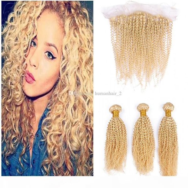 

13x4 ear to ear full lace frontal closure with #613 blonde brazilian deep wave curly virgin human hair 3 bundles kinky curly hair, Black;brown