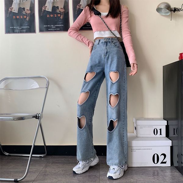 

high-quality 2021 women new denim hip high-waist hole jeans solid woman drop tall pants wide street pant 1x9a, Black;white
