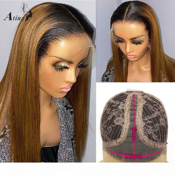 

ombre colored human hair wig bleach knots straight pre plucked brazilian remy transparent lace t part lace wig for black women, Black;brown