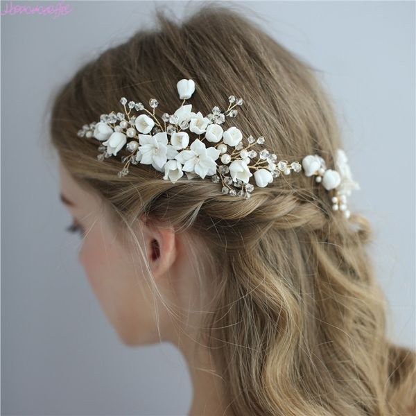 

jonnafe delicate wedding hair jewelry porcelain flower bridal hair comb pins handmade women prom headpiece y200424, Slivery;golden
