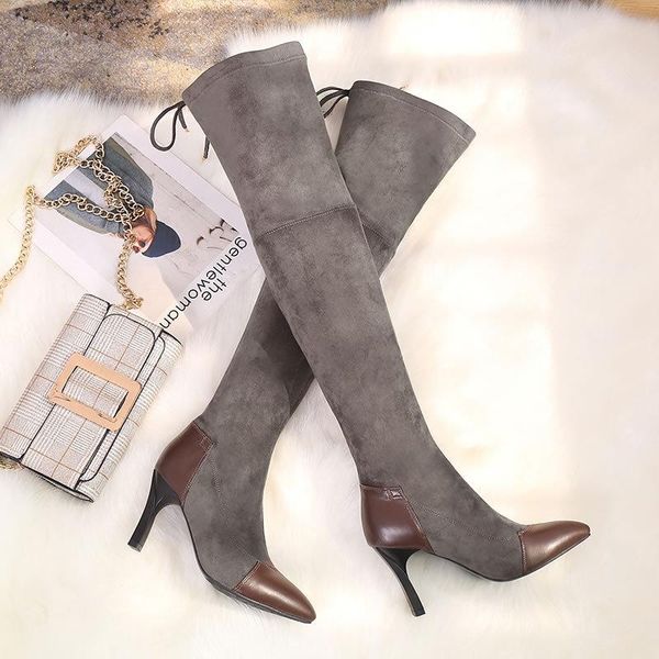 

casual slip-on pointed toe fashion women boots pu platform mixed colors long boots super high square heel sewing winter shoes, Black