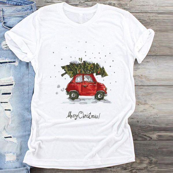 

women car tree snow cartoon clothing cute merry christmas print clothes graphic female tshirts t shirt ladies tee t shirt, White