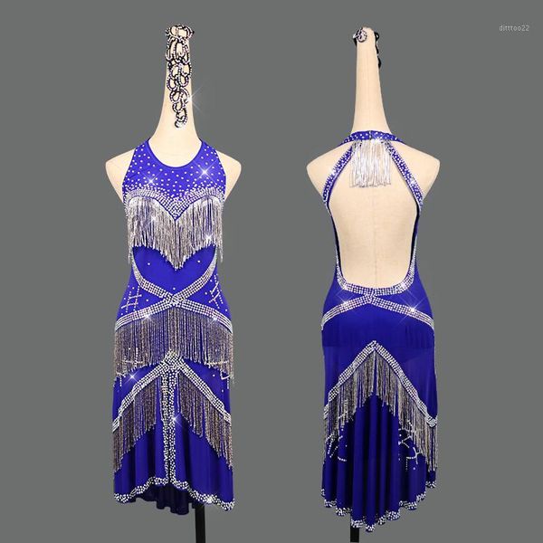 

stage wear silver bright bead tube latin dance dress women professional blue tassels skirt performance competition costume1, Black;red