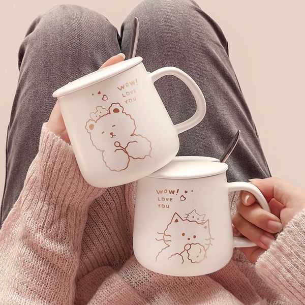

creative simple ins couple ceramic red envelope with cover spoon cute girl household water cup personality trendy cup