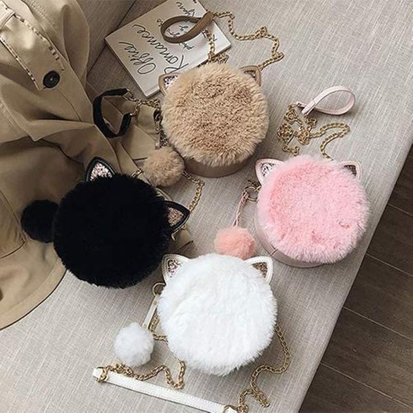 

2020 new sweet cute plush cat head mini messenger bags chain circular crossbody bag fashion purse hairball handbag shoulder bag