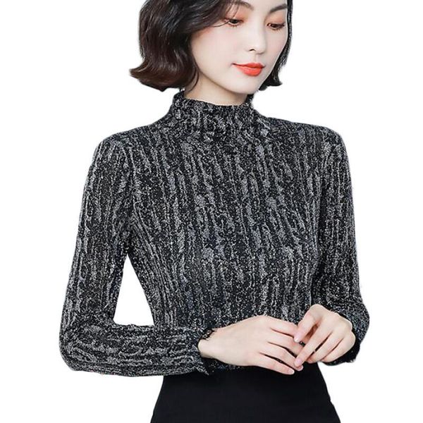 

women's blouses & shirts fashion striped shiny bright silk lace blouse women long sleeve turtleneck plus size blusa mujer, White