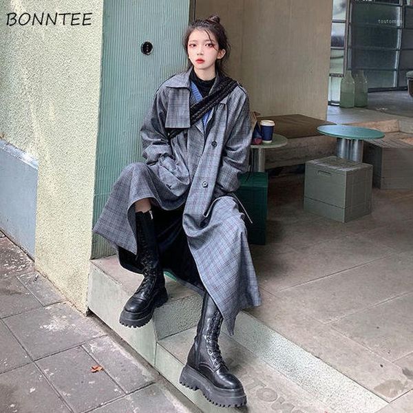 

trench women double-breasted long coats leisure a-line high waist streetwear windbreaker plaid retro daily all-match temperament1, Tan;black