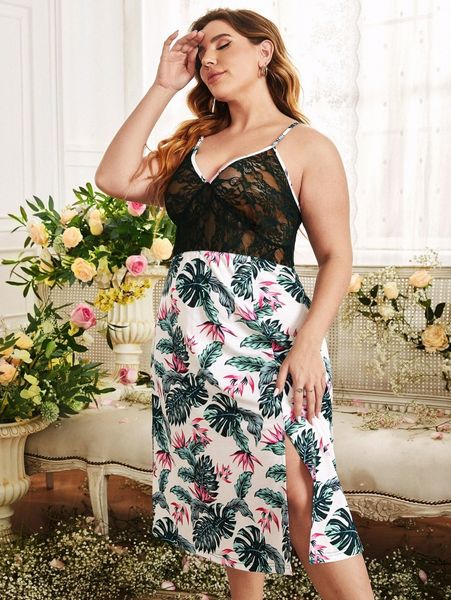 

plus lace bodice split hem tropical print nightdress 162s#, Black;white
