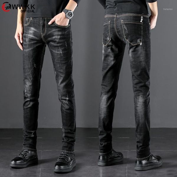 

wwkk 2020 new men's slim elastic cotton jeans fashion business classic style jeans denim pants trousers male large size 381, Blue