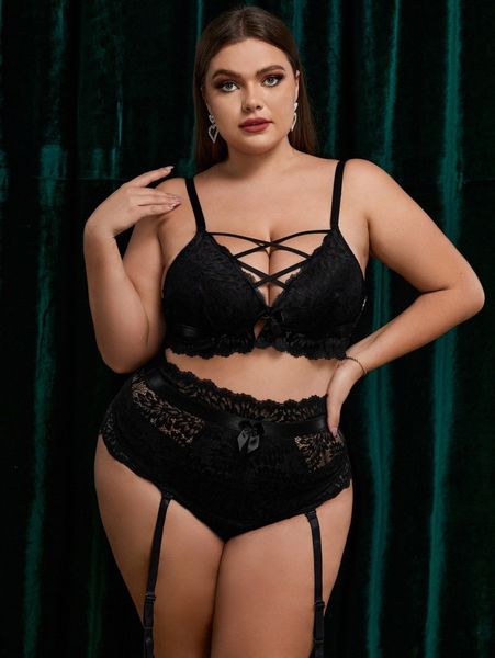 

plus floral lace crisscross garter lingerie set i3bf#, Black;white