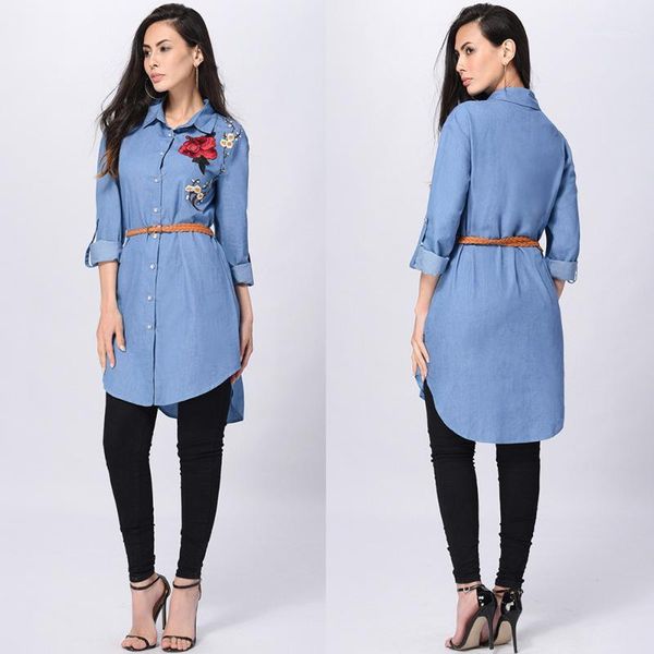 

ostrich rose embroidered women long sleeve collared long shirt turn-down collar blue shirts blusas mujer de moda c27351, White