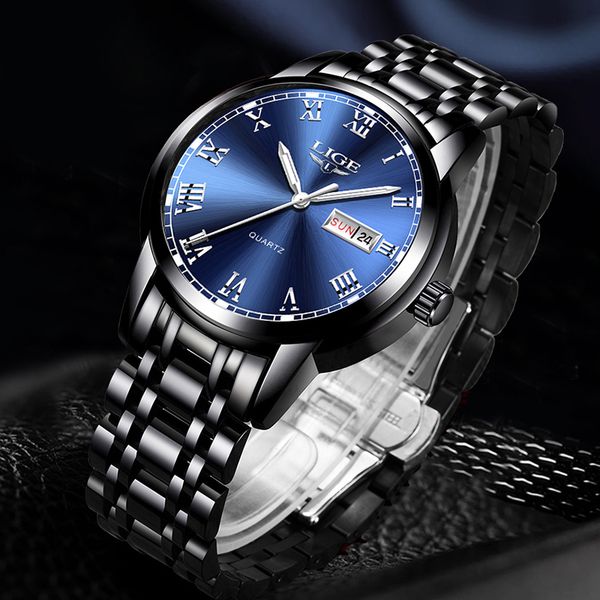 

2020 new watches mens lige brand fashion date week male stainless steel waterproof business men wristwatch relogio masculino t200409, Slivery;brown