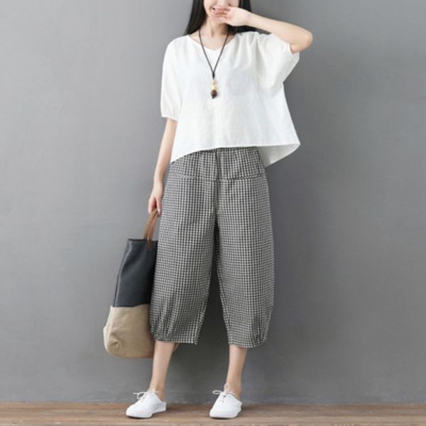 

лето битника потерять большой размер и костюм широких ног брюки хлопок верхнего хлопок и лен студентку плед широких ног брюки сверху льняной, Gray