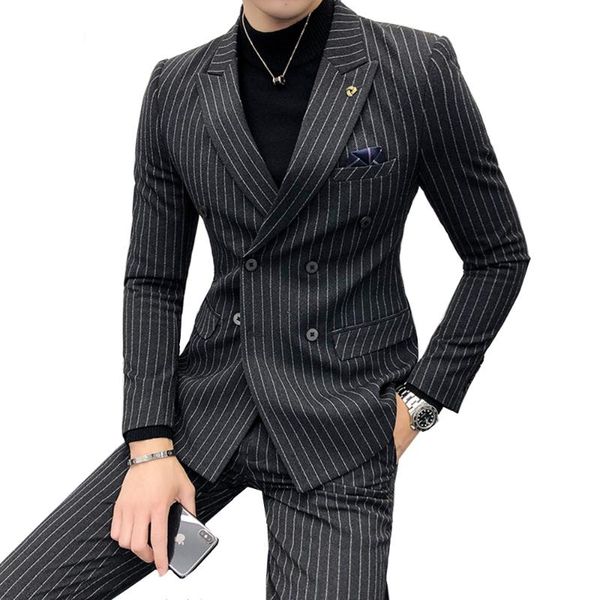 

jacket + pants ) high-end fashion striped men's formal double-breasted business suit groom wedding dress mens suit 2 piece set, White;black
