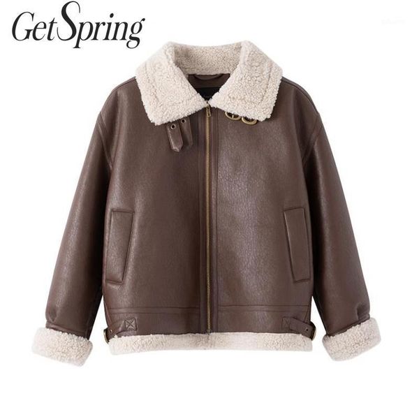 

getspring women coat faux leather jackets black coffee all match womans fur leather jackets plus size short winter coats1