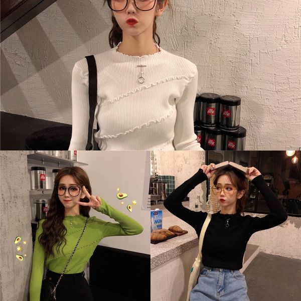 

2020 autumn sweater knitted new women's slim skinny thin long sleeve with a backing sweater pbuwa, White;black
