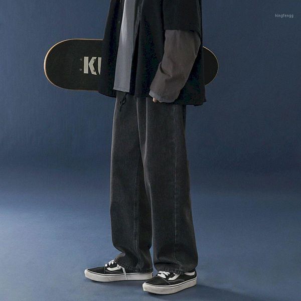 

black straight jeans pants men's winter loose students korean trend hong kong style autumn wide-leg denim blue casual trousers1