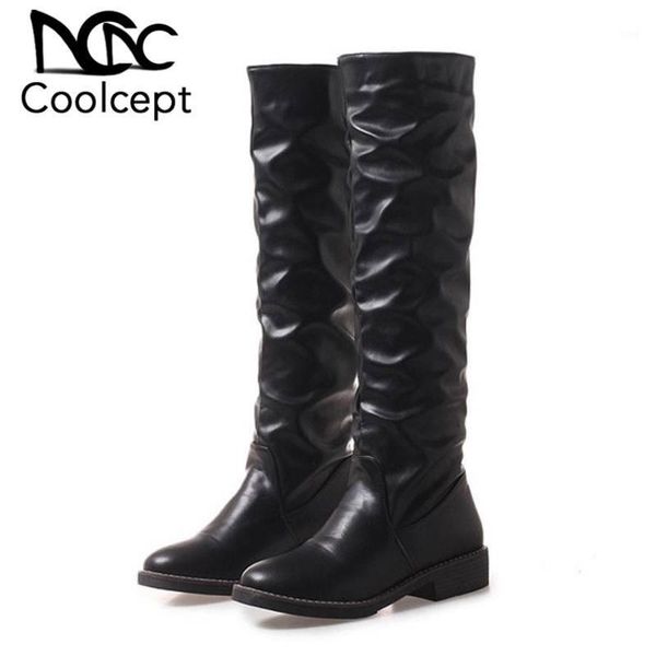 

boots coolcept knee high women fashion black winter keep warm fur daily office flats round toe botas shoes woman size 34-431