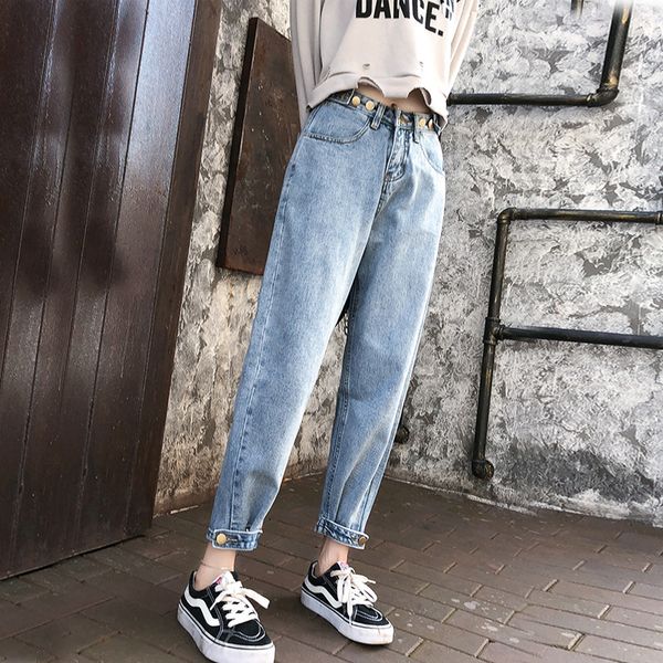 

2020 new style women's high-waisted loose-fit slimming baggy wide-leg ankle-length first love pants jeans, Blue