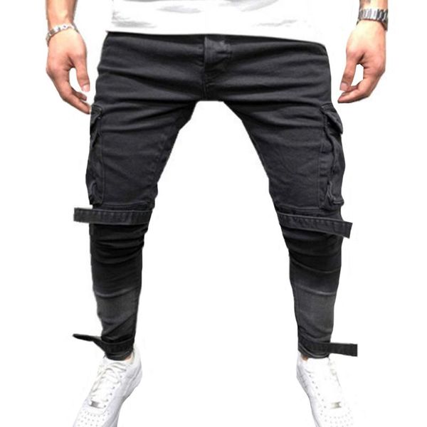 

men's jeans fashion pants black patch pocket pencil men clothing cargo trousers casual denim for, Blue