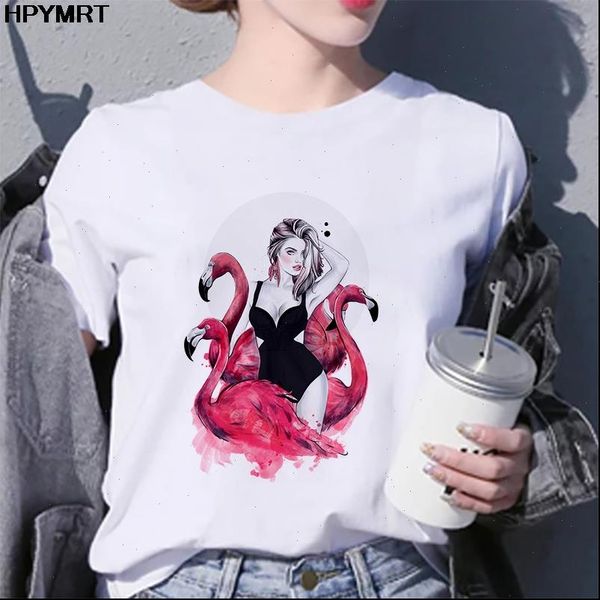 

flamingo beauty printed t shirt women short sleeve t shirt femme ulzzang tshirt vintage tees women clothes, White
