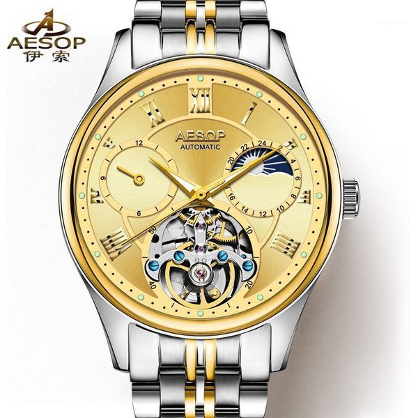 

brand multi-function men's watch business man's clock mechanical hollowing all-steel luminous moon phase luxury popular creative1, Slivery;brown