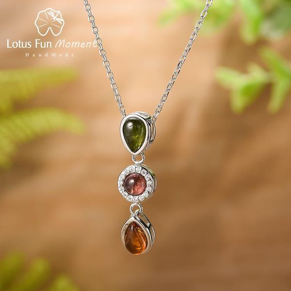 Lotus diversão natural turmalina zircon geométrico longo pedras preciosas colar real 925 esterlina prata prata fina colares para mulheres q0531