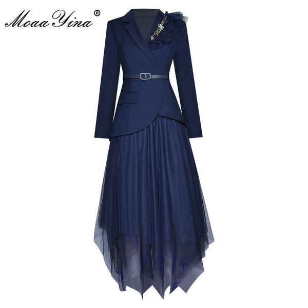 

moaayina fashion designer set autumn women long sleeve beading suit +mesh asymmetrical skirt two-piece set 201130, White