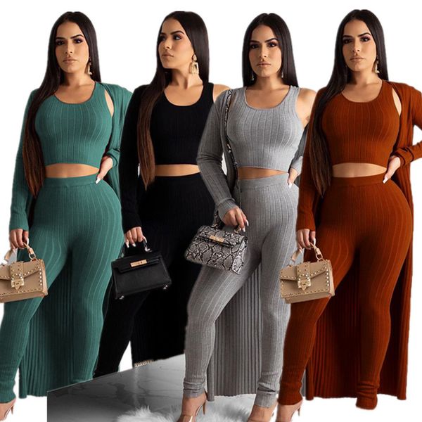 

three pieces sets women tracksuit long sleeve cardigan coat blazer cloak tank + pants outfit elegant strech 3pcs outfits overalls f92909, White