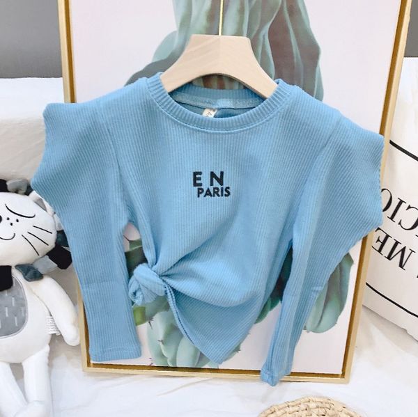 

детская одежда gilr основывая рубашки 2020 осень новая мода версия puff sleeve трикотажные топы дети new напечатанная письмом с длинным рука, Blue