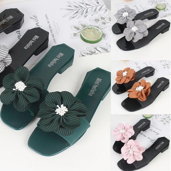 

fashion women shoes beach summer elegant heel square slippers women sandals foral stripe flower shoes woman zapatos de mujer1, Black