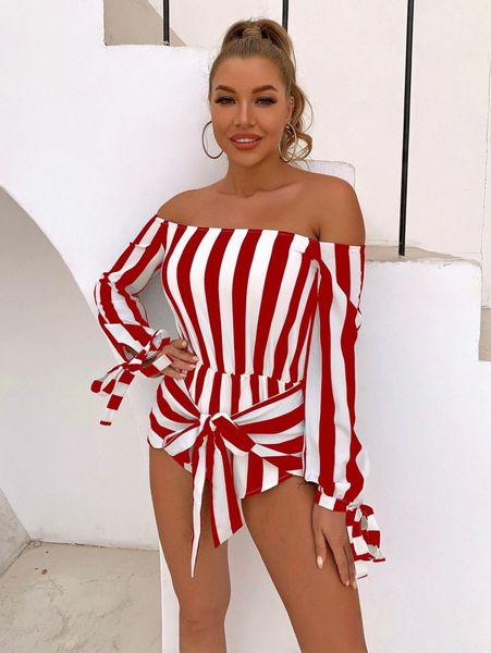 

joyfunear off shoulder knot cuff tie front striped romper a42g#, White