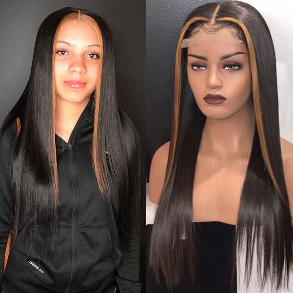 

straight human hair wigs pre plucked straight lace front wig honey blonde wig lace front human hair short bob, Black;brown