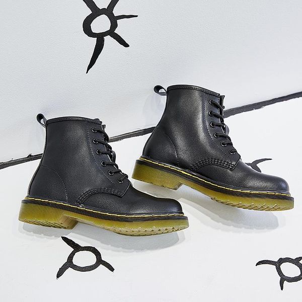 

women boots 6-hole boots lacquered leather winter english round head leather high short, Black