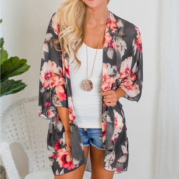

женщины summer beach цветочные печати вскользь шифоновое кимоно блуза женская мода солнцезащитный чехлом ups 2020, White