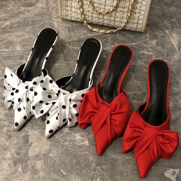 

2020 new brand designer women slippers slip on mules bowtie pointed toe thin low heels women sandal female slides summer footwea x1020, Black