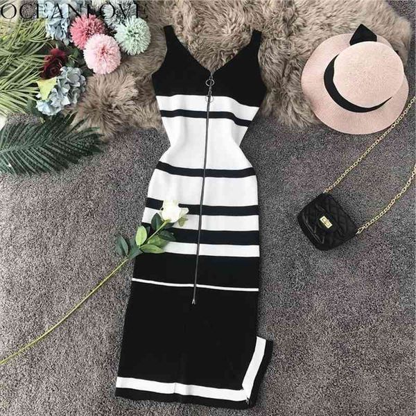 

v-neck striped summer dress women high waist zipper midi dresses zipper knitting stretch bodycon vestidos 12203, White