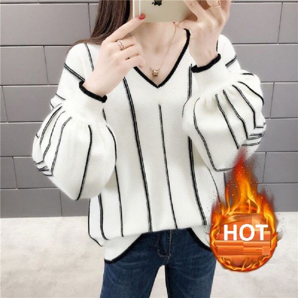 

2021 new plus women's velvet sweaters korean version of loose fall and winter with striped v-shirt flashlight sweat sleeve 28uf, White;black