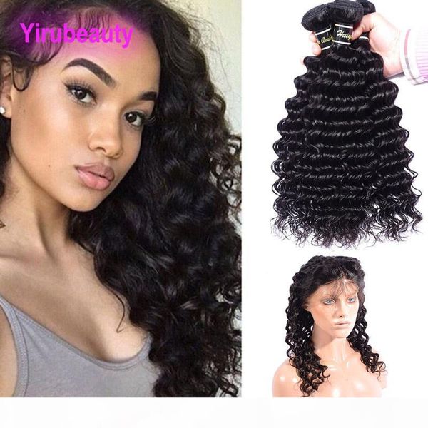 

indian human hair natural black color 360 lace frontal with baby hair frontal with 3 bundles deep wave hair wefts, Black;brown