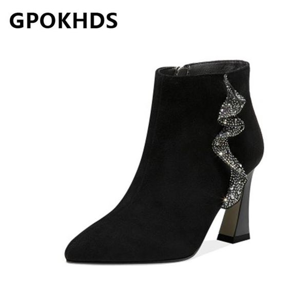 

boots gpokhds 2021 women ankle winter short plush pointed toe zipper crystal ruffles high heels female size 39, Black