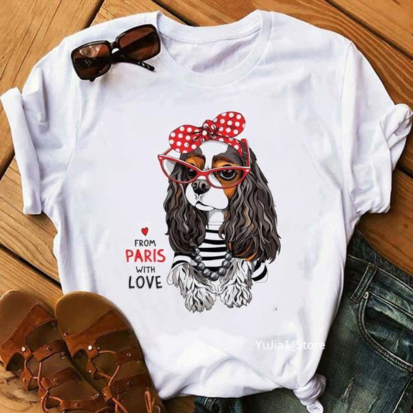 

harajuku kawaii funny cavalier king charles spaniel mom print tshirt femme graphic tees women dog lover gift female t-shirts, White