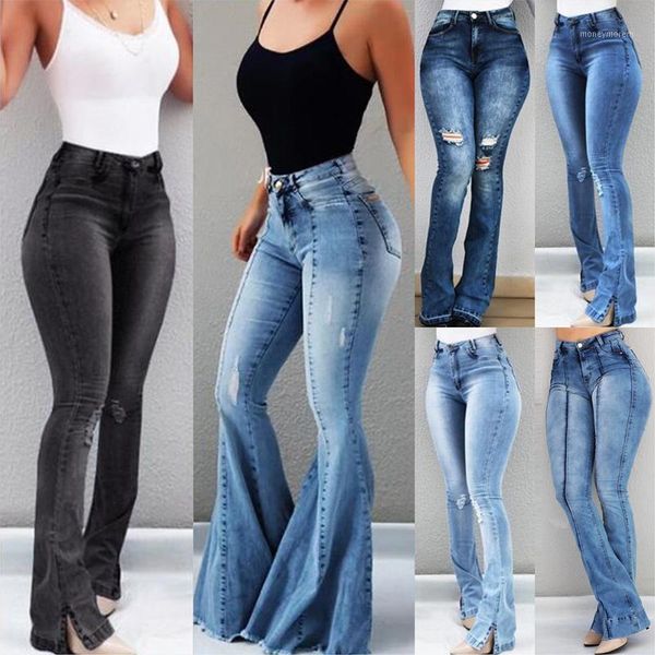 

women's jeans women denim flare pants ladies fashion slim high waist skinny wide leg summer pocket long trousers for female d301, Blue