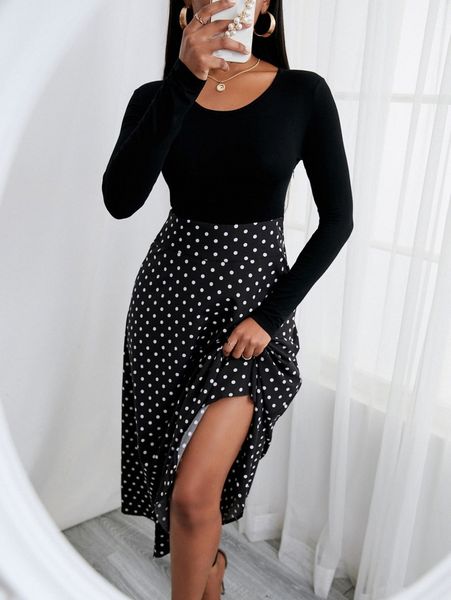 

polka dot print a-line dress l7jr#, Black;gray