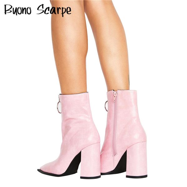 

chunky high heel women ankle boots zipper decoration pointed toe sweet boots pink high heel shoes ladis party heel botas mujer, Black