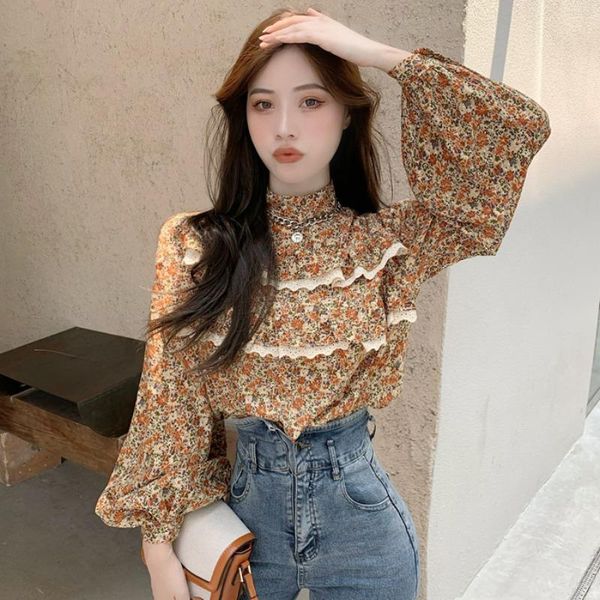 

vintage women's clothing floral loose casual blouses long sleeve turtleneck shirts autumn fashion brand blusas ladies new, White