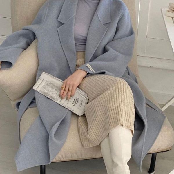 

ewq]2020 winter over knee style turn-down collar long-sleeved solid color straight minimalist woolen overcoat with belt 8d8221, Black